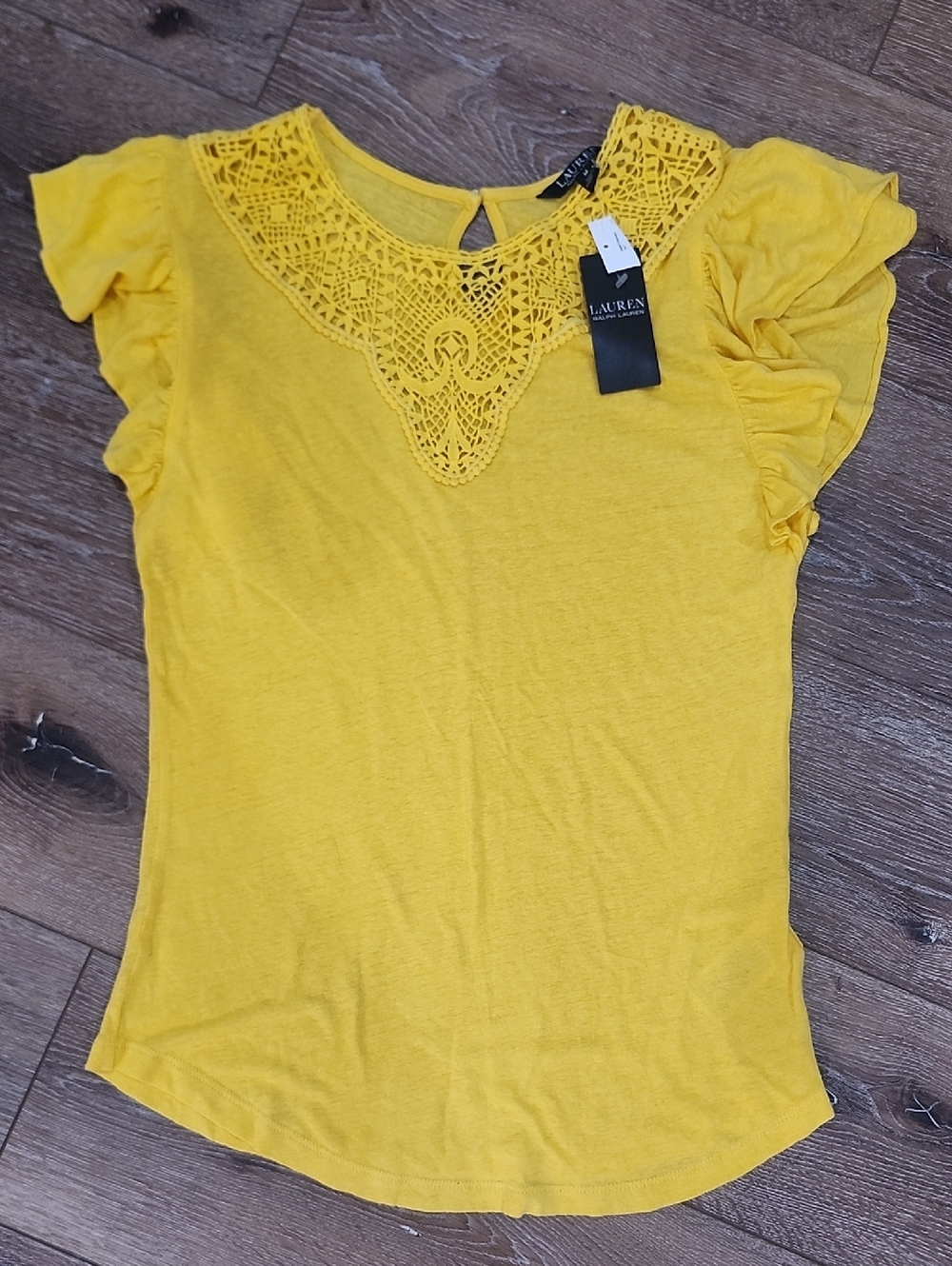 NWT Ralph Lauren Black Label Yellow Crochet Yoke Ruffle Luxury Linen Blend Indie